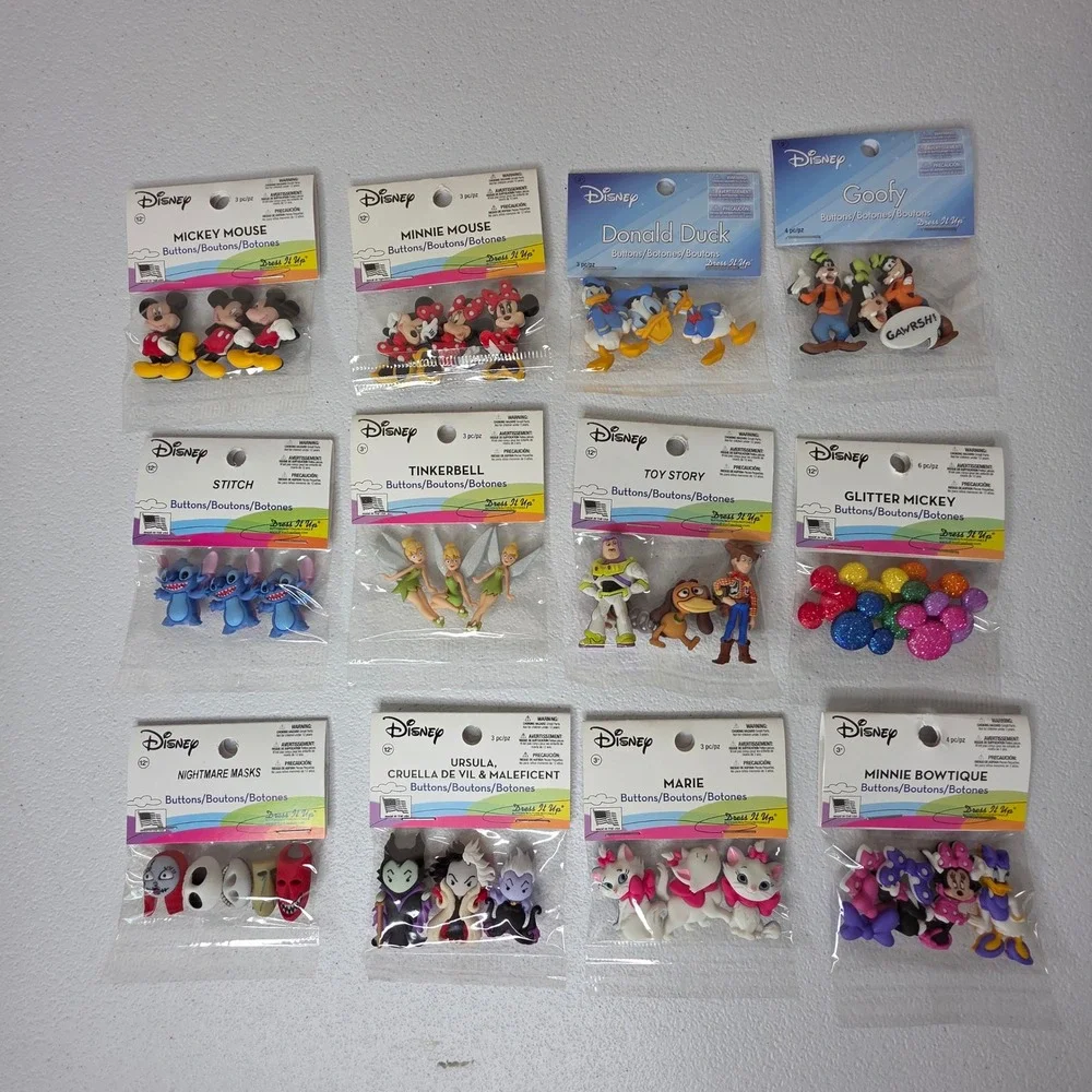 NEW Disney Dress It Up Buttons Lot 12 Packs Crafts Mickey Villains Tinkerbell